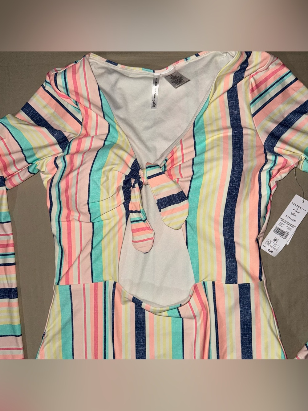 Celebrity Pink Pastel Multicolor Striped One-Piece with Front Tie - Size L - Picture 3 of 7